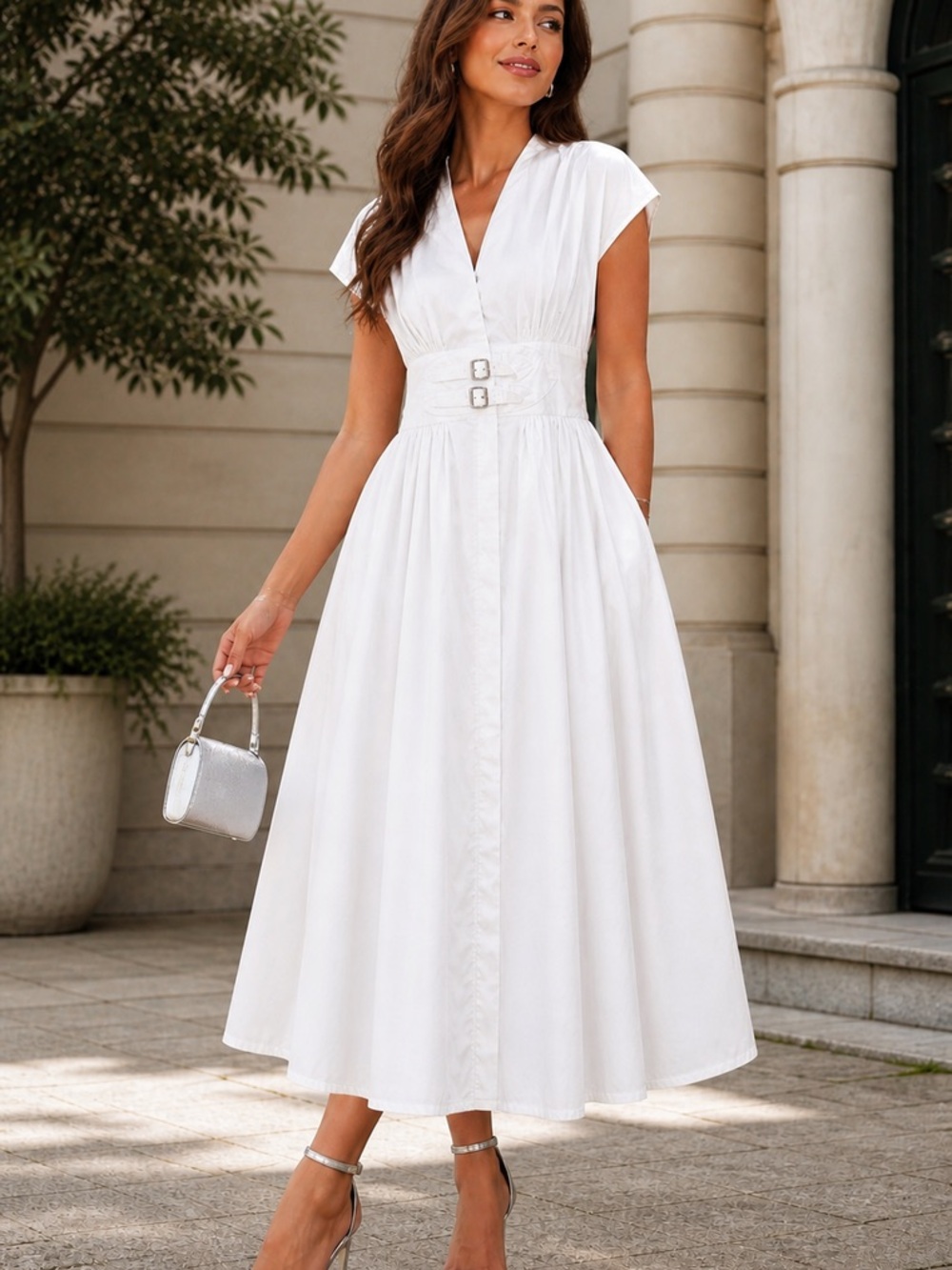 Elegant White V-Neck Midi Dress with Cinched Waist